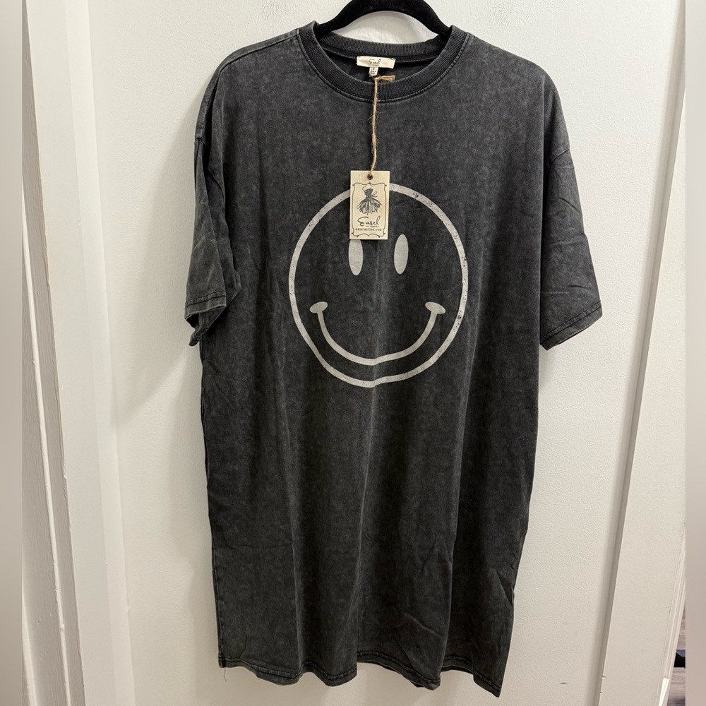 easel Black Washed Smiley Face Tee Dress